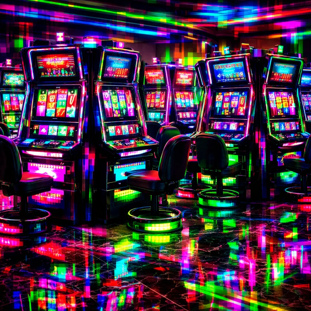 Premium gokkasten met neon glitch-effect op zwarte achtergrond